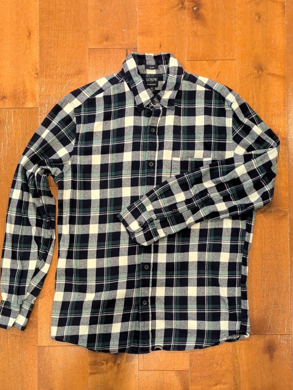 J. Crew Men’s Black, White & Dark Green Plaid Button-Down Shirt